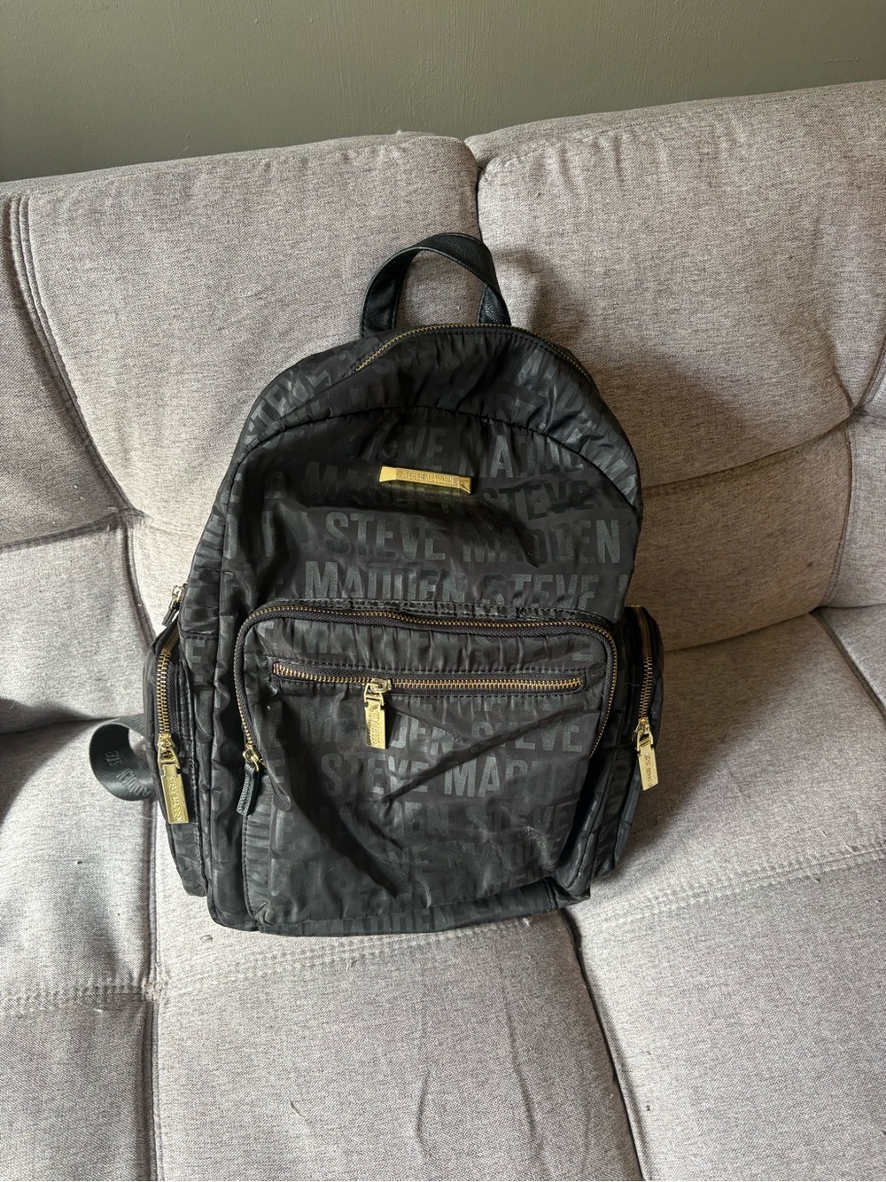 Steve Madden Black Logo Nylon Backpack with Gold Hardware